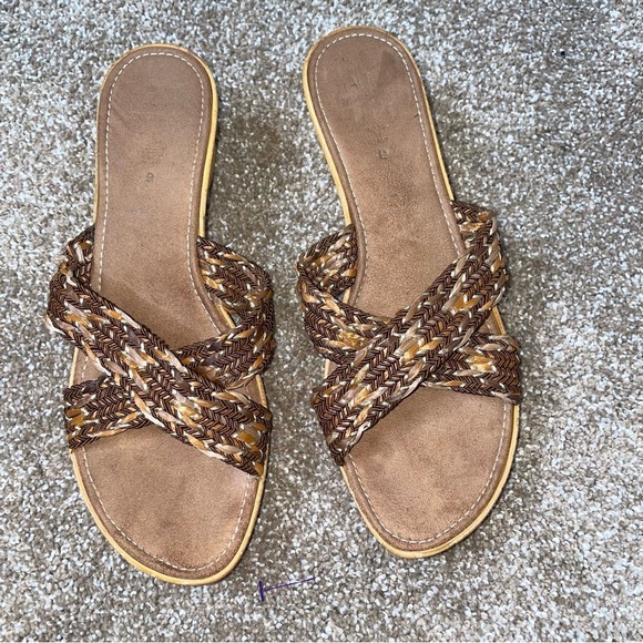 Italian Shoe Maker sandals wedge braided straps cross over brown gold SZ 9 tan - Picture 8 of 9